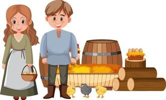 Couple medieval peasants with farm objects