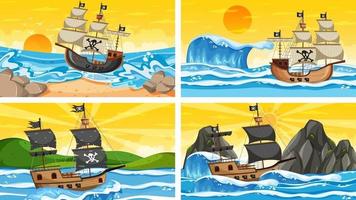 escenas oceánicas con barco pirata en diferentes momentos. vector