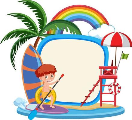 Blank banner template with a boy on vacation at the beach isolated