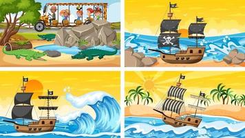 Diferentes escenas con animales en el zoológico y barco pirata en el mar. vector