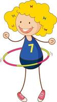 Cute girl playing hula hoop in hand drawn doodle style vector