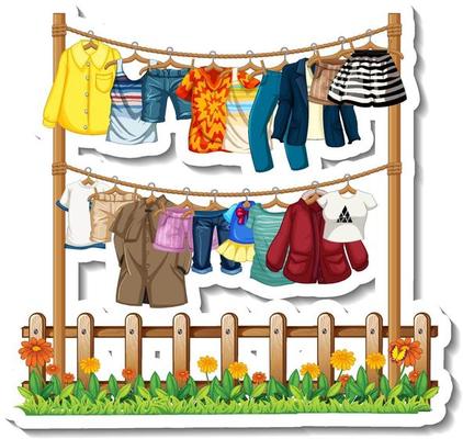 A sticker template of Clothes racks with many clothes on hangers