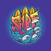 ilustración de verano de tipografía de ola de tabla de surf vector