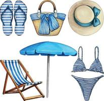 Watercolor blue and white beach elements vector