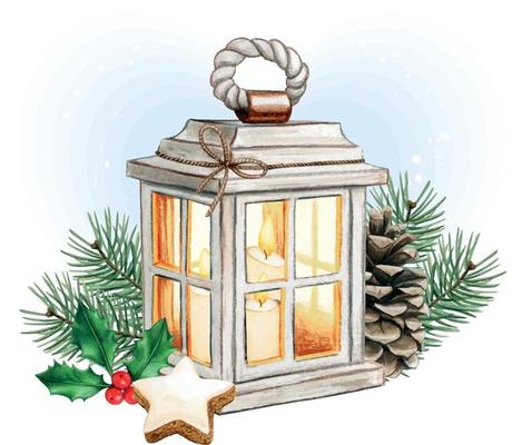Watercolor christmas lantern with candles, pinecone and holly