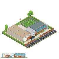 isométrico y 3d del moderno edificio de oficinas, escuelas y universidades. vector