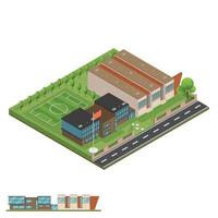 isométrico y 3d del moderno edificio de oficinas, escuelas y universidades. vector