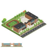 isométrico y 3d del moderno edificio de oficinas, escuelas y universidades. vector