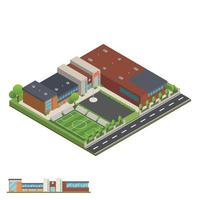 isométrico y 3d del moderno edificio de oficinas, escuelas y universidades. vector