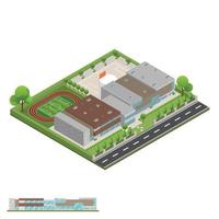 isométrico y 3d del moderno edificio de oficinas, escuelas y universidades. vector