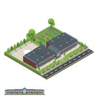 isométrico y 3d del moderno edificio de oficinas, escuelas y universidades. vector