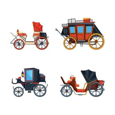 Carriage flat style. Illustrations set of various chariot. Vector