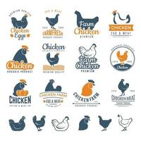 insignias de pollo fresco granja comida logotipos cocinar huevos y aves pollos de engorde vector