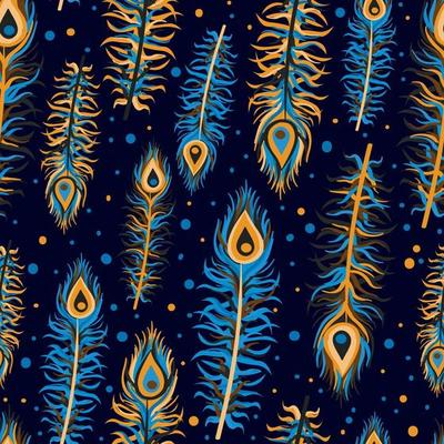 Turquoise and golden peacock feathers seamless pattern