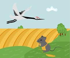 Rural Landscape Panorama with Stork and Mouse with Spikelet vector