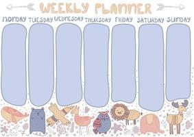 Childish weekly planner with scandinavian animals vector