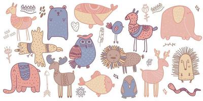 funny scandinavian animal set. for nursery posters, cards, t-shirts. vector