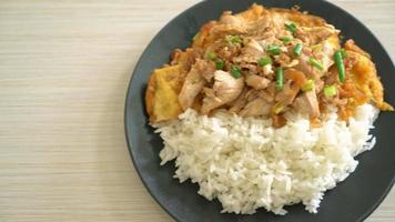 gebratenes Schweinefleisch mit Knoblauch und Ei auf Reis video
