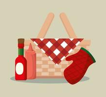 basket wicker barbecue with bottles and glove vector