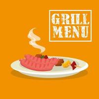 Menú grill con salchichas y brochetas en plato vector