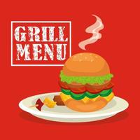 grill menu with delicious hamburger vector