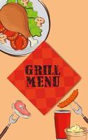 Menú grill con mantel y comida deliciosa. vector