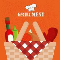 grill menu with basket wicker and vegetables vector