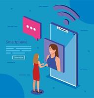 Woman with isometric smartphone vector design