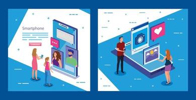 Isometric smartphones and people vector design