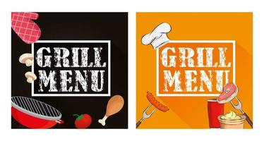 set poster of grill menu with delicious food vector