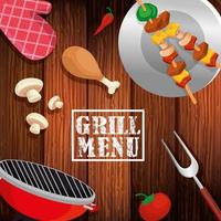 Menú grill con deliciosa comida en fondo de madera vector