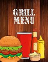 grill menu with delicious hamburger in wooden background vector