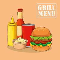 grill menu with delicious hamburger vector