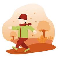 Un niño caminando en la ilustración de vector de parque de otoño