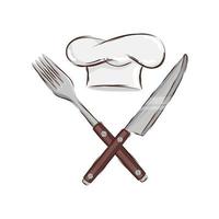 tenedor, con, cuchillo, cubiertos, y, sombrero, chef, aislado, icono