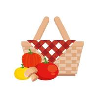 Cesta de picnic de mimbre con verduras icono aislado vector