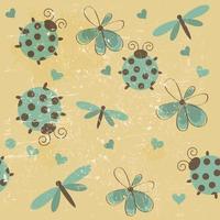Romantic seamless pattern with dragonflies, ladybugs, hearts, flowers vector