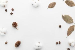 Autumn composition, dried leaves. Cotton flowers and pine cones on white background. Flat lay, top view with copy space photo
