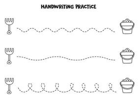 Tracing lines with black and white pails and rakes. Writing practice. vector