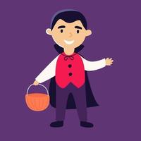 kid wearing dracula costume halloween celebration vector