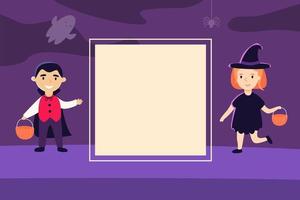 Halloween card with square frame and children. Vector illustration