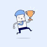Businessman jumping and holding trophy. vector