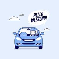 Businessman traveling by car and say Hello weekend. vector