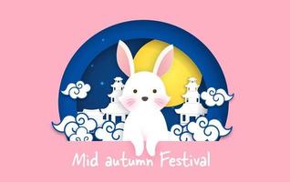 Mid Autumn Festival banner with cute rabbits in paper cut style. vector