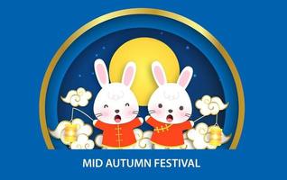 Mid Autumn Festival banner with cute rabbits in paper cut style. vector