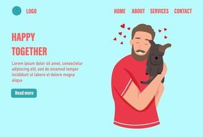 Happy together landing page vector template. Happy pet owners