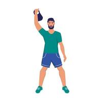 A young man does exercises with a kettlebell. vector