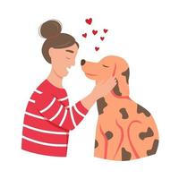 una mujer joven abraza a un perro vector