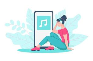 una mujer joven se sienta en el suelo y escucha música con auriculares vector