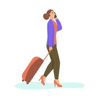 A young woman with a suitcase is walking and talking on the phone. vector